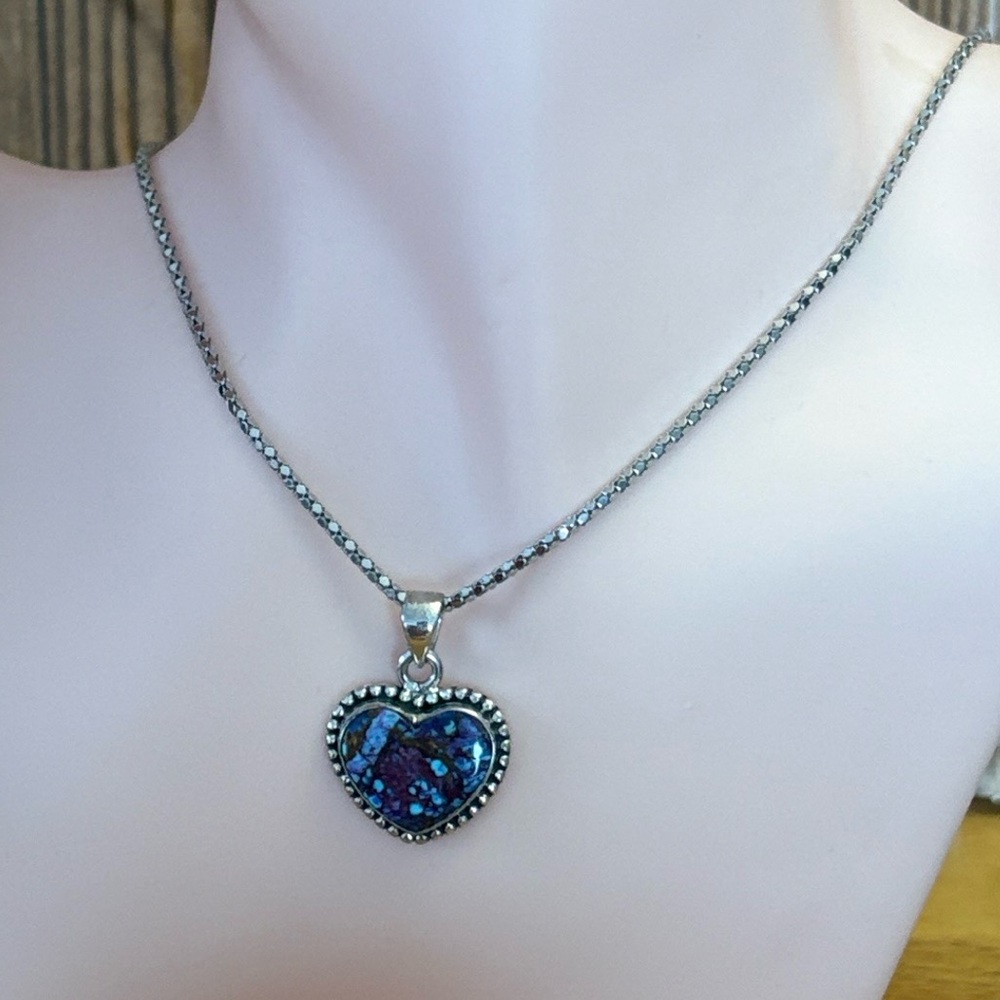 Purple Copper Turquoise Natural 7.30ct Heart Pendant Sterling Silver 20" chain